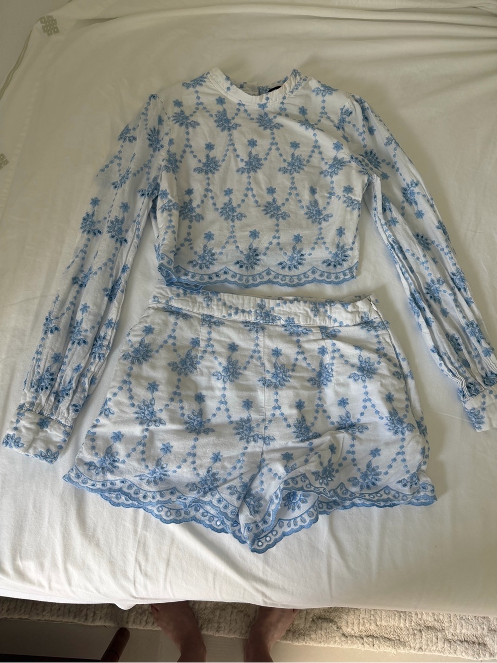 Aqua White Top with Light Blue Embroidered Detail